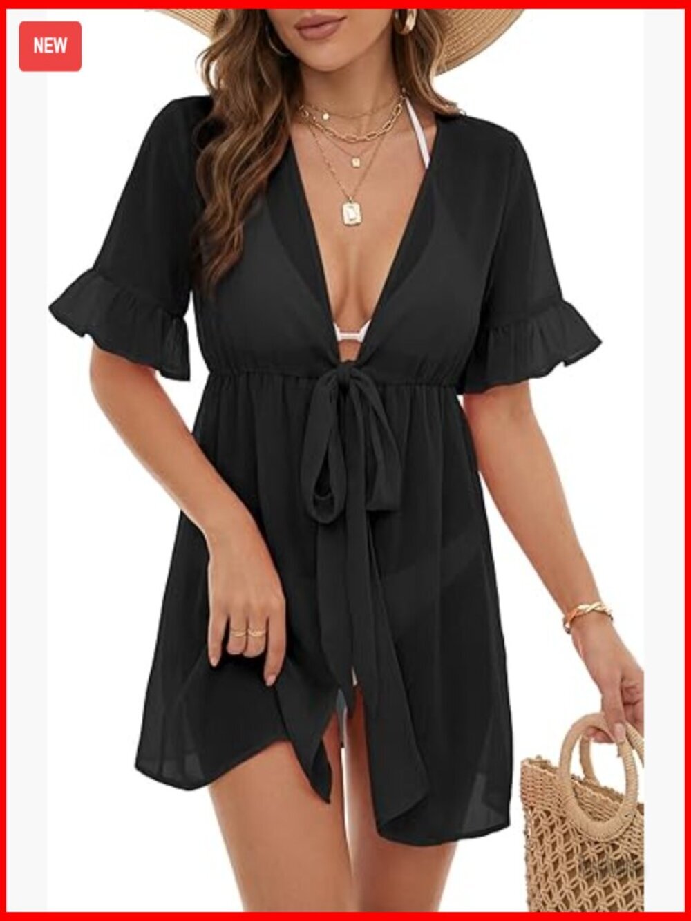 Tie Knot Front V Neck Ruffle Sleeve Beach Cover Up Cardigan Blouse